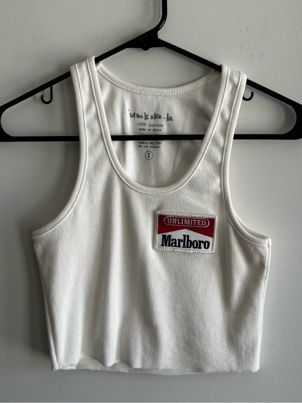 Marlboro White Ribbed Crop Tank with Red Patch